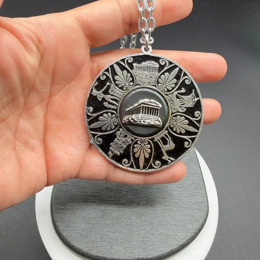 Greek Revival Parthenon Medallion Necklace Silver Tone Black Enamel Statement